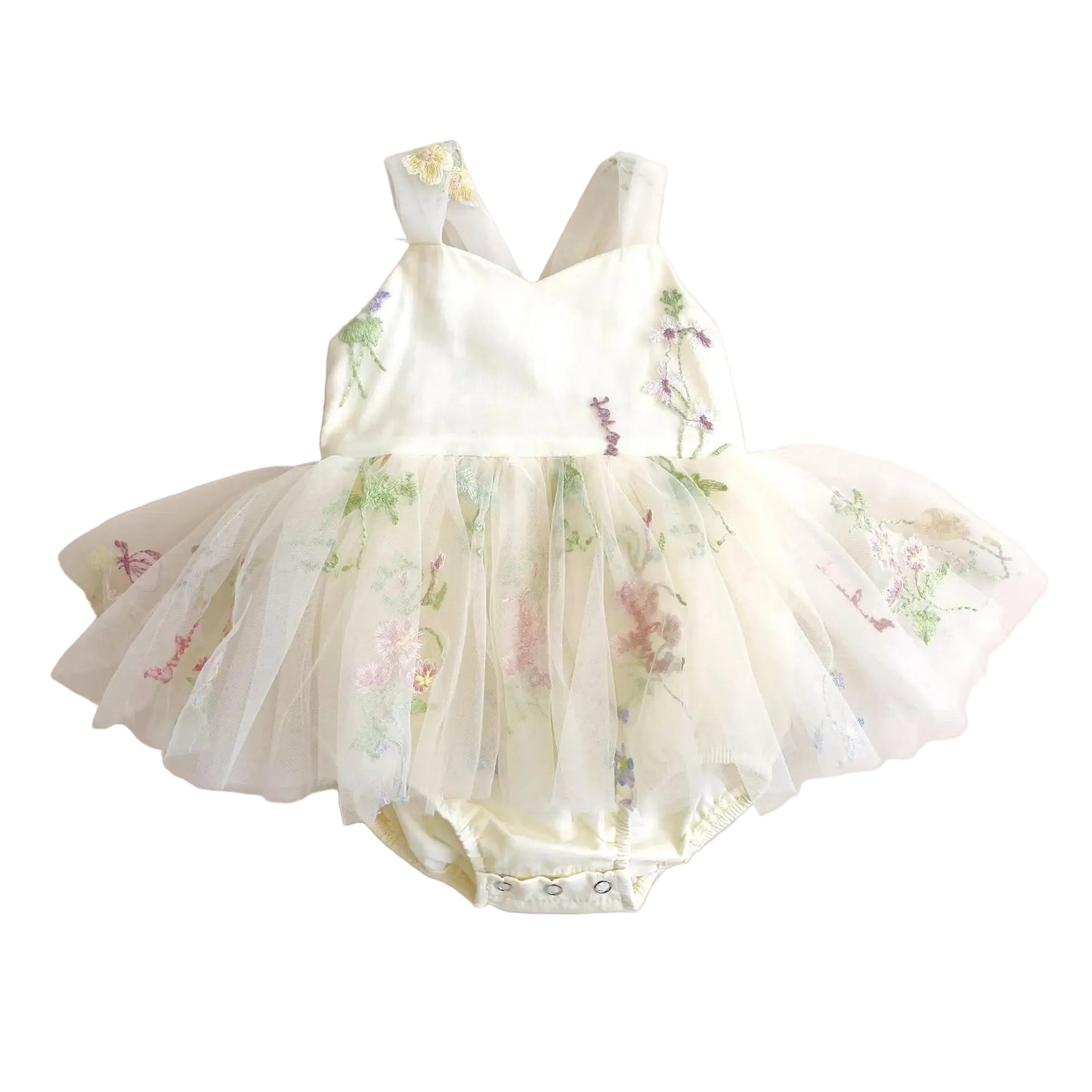 Ivory baby girl floral embroidered fairy tulle tutu romper dress front view.