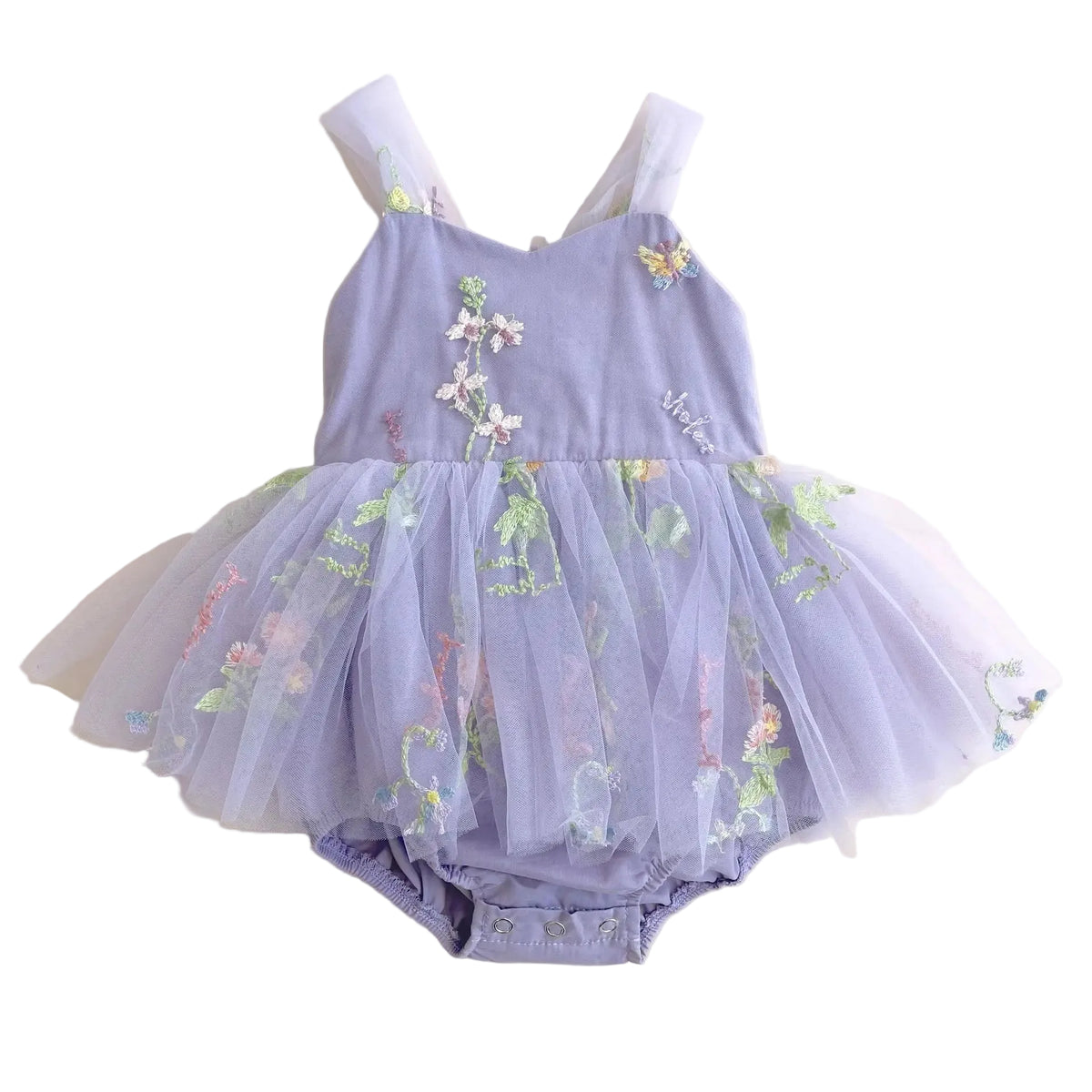 Lavender baby girl fairy tulle tutu romper dress with floral embroidery front view.