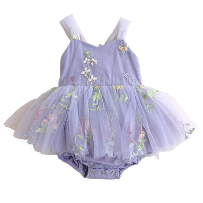 Lavender baby girl fairy tulle tutu romper dress with floral embroidery front view.