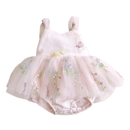 Pink baby girl fairy tulle tutu romper dress with floral embroidery front view.