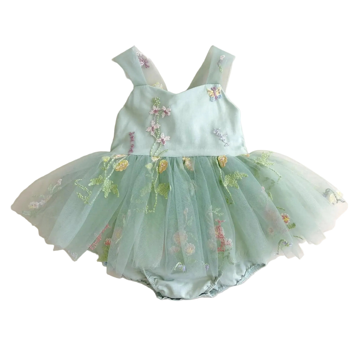 Sage green baby girl fairy tulle tutu romper dress with floral detail front view.