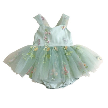 Sage green baby girl fairy tulle tutu romper dress with floral detail front view.