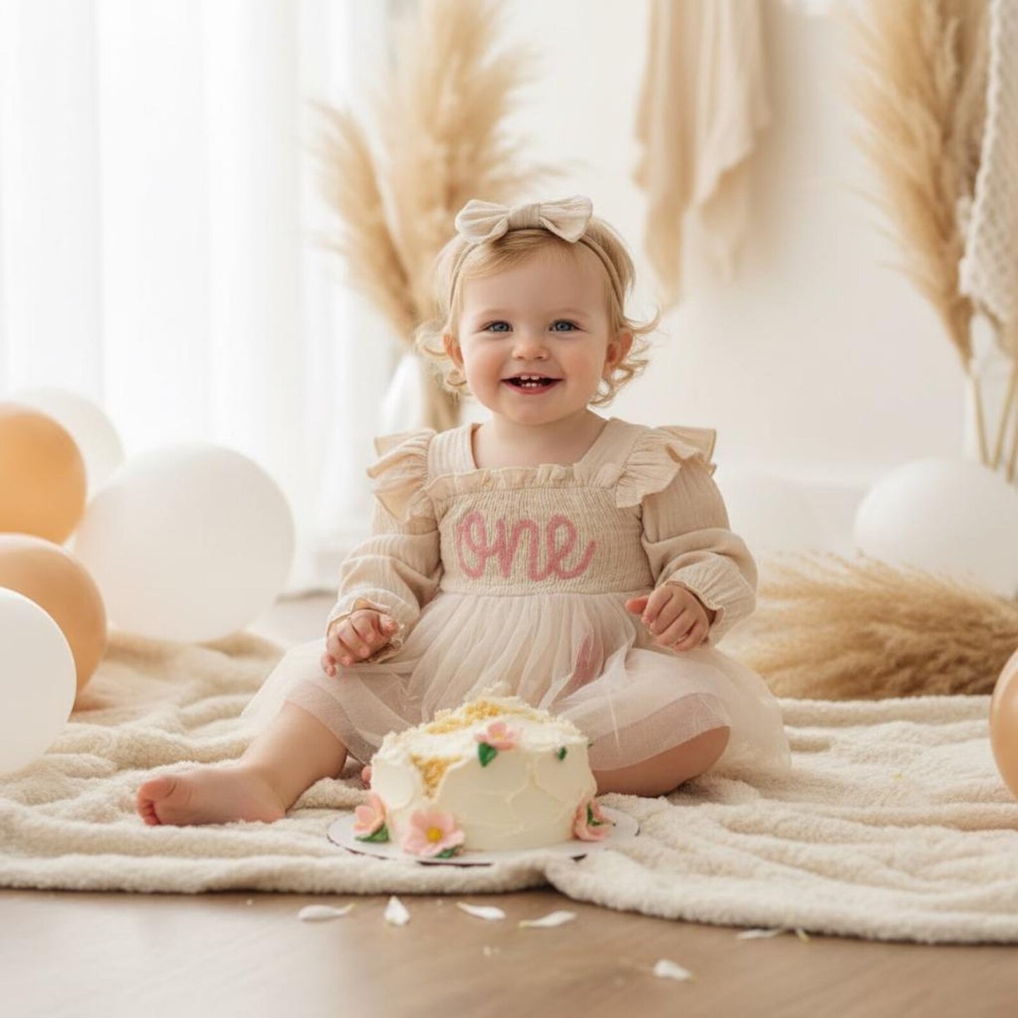 Baby girl wearing cream smocked first birthday outfit sitting next to a birthday cake for a photo shoot