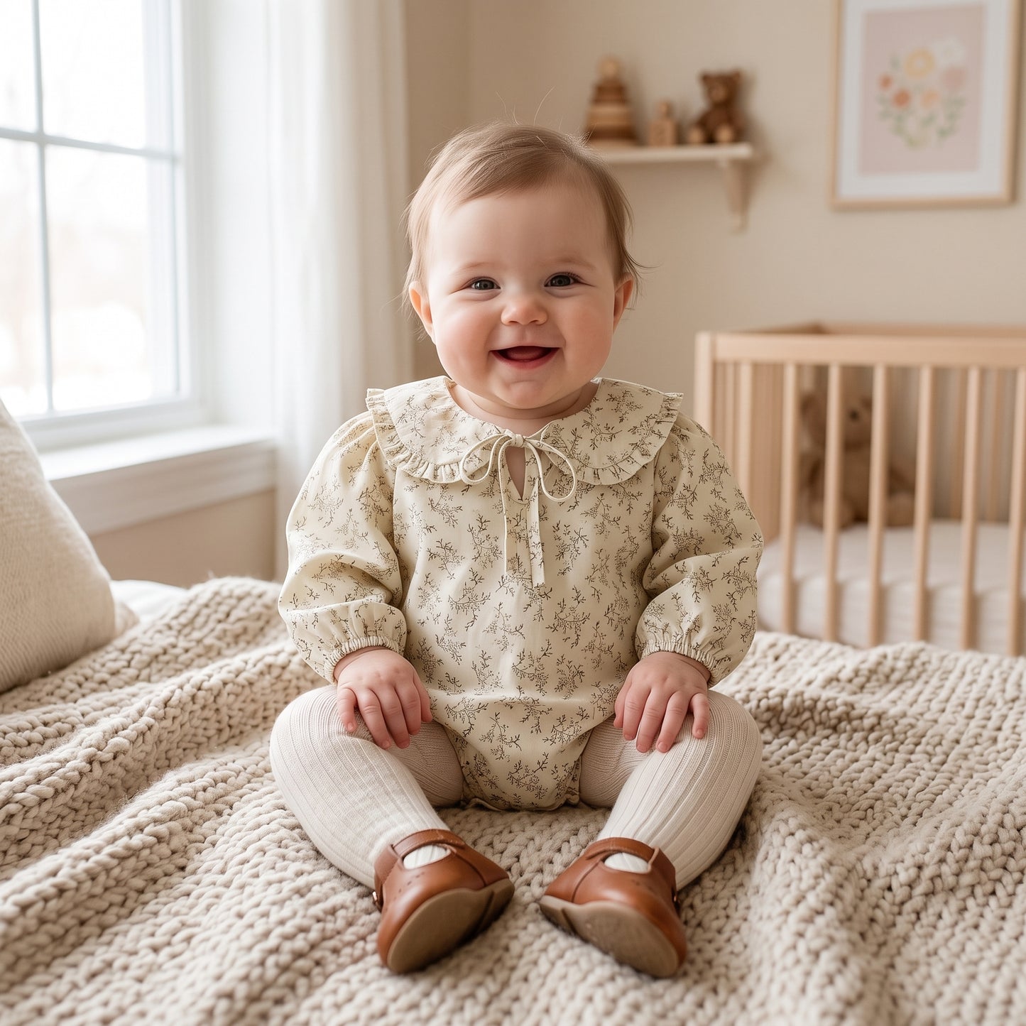 Baby girl sitting in a nursery wearing the Kidsely sage green cottagecore floral bubble romper paired with white tights.