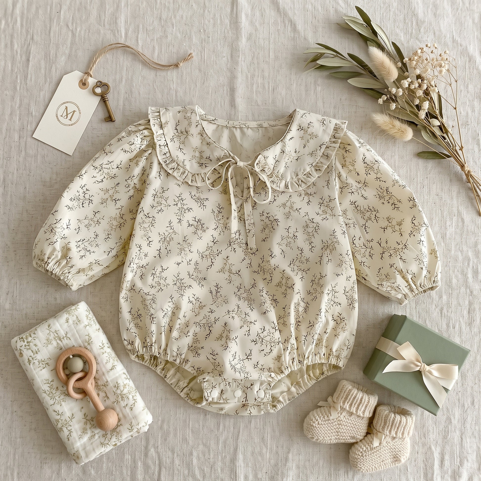 Styled flat lay featuring the Kidsely vintage-inspired floral baby girl romper alongside baby shoes, a rattle, and dried botanicals.