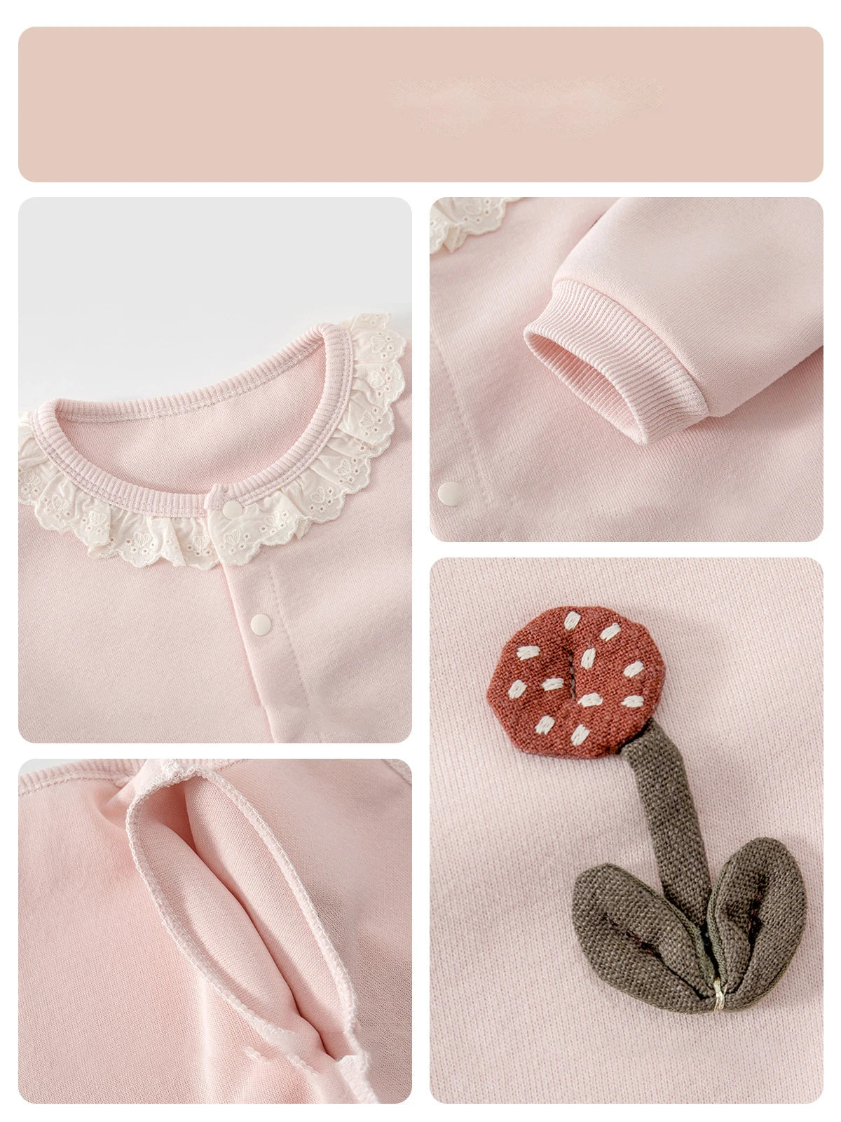 Close-up detail collage of the baby girl cardigan highlighting the ruffled lace collar, ribbed sleeve cuffs, and textured 3D flower applique.