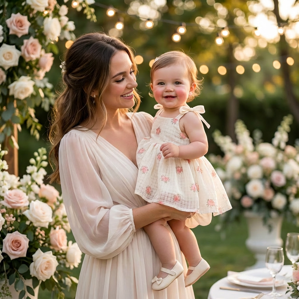 A mother holding a baby girl wearing the champagne floral chiffon romper dress at an outdoor garden wedding reception.