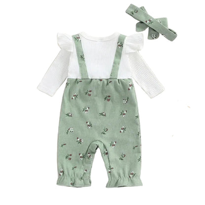 Back view of the sage green fake two-piece floral corduroy baby overall outfit and bow headband.