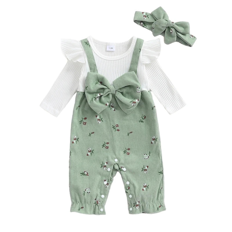 Sage green floral corduroy baby girl overall jumpsuit with long sleeves, ruffle shoulders, and a matching headband on a white background.