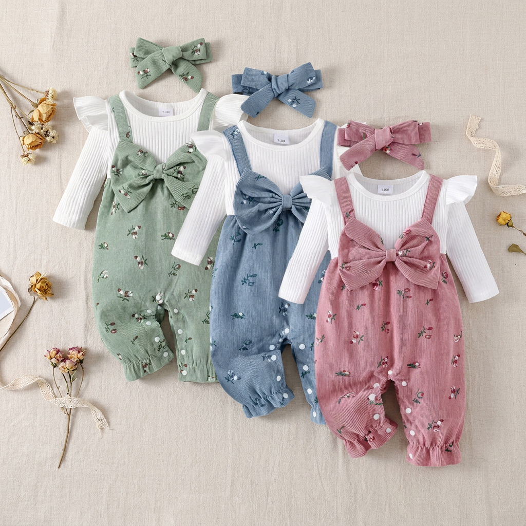 Three cottagecore floral corduroy baby overall rompers in sage green, slate blue, and dusty pink, laid flat with their matching headbands.