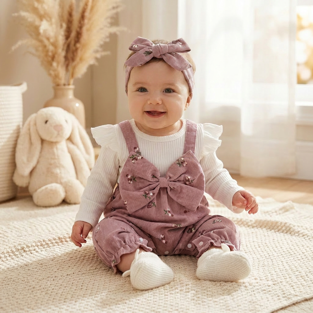 Smiling baby girl sitting on a textured beige rug wearing the dusty pink floral corduroy layered-look outfit and matching bow headband.