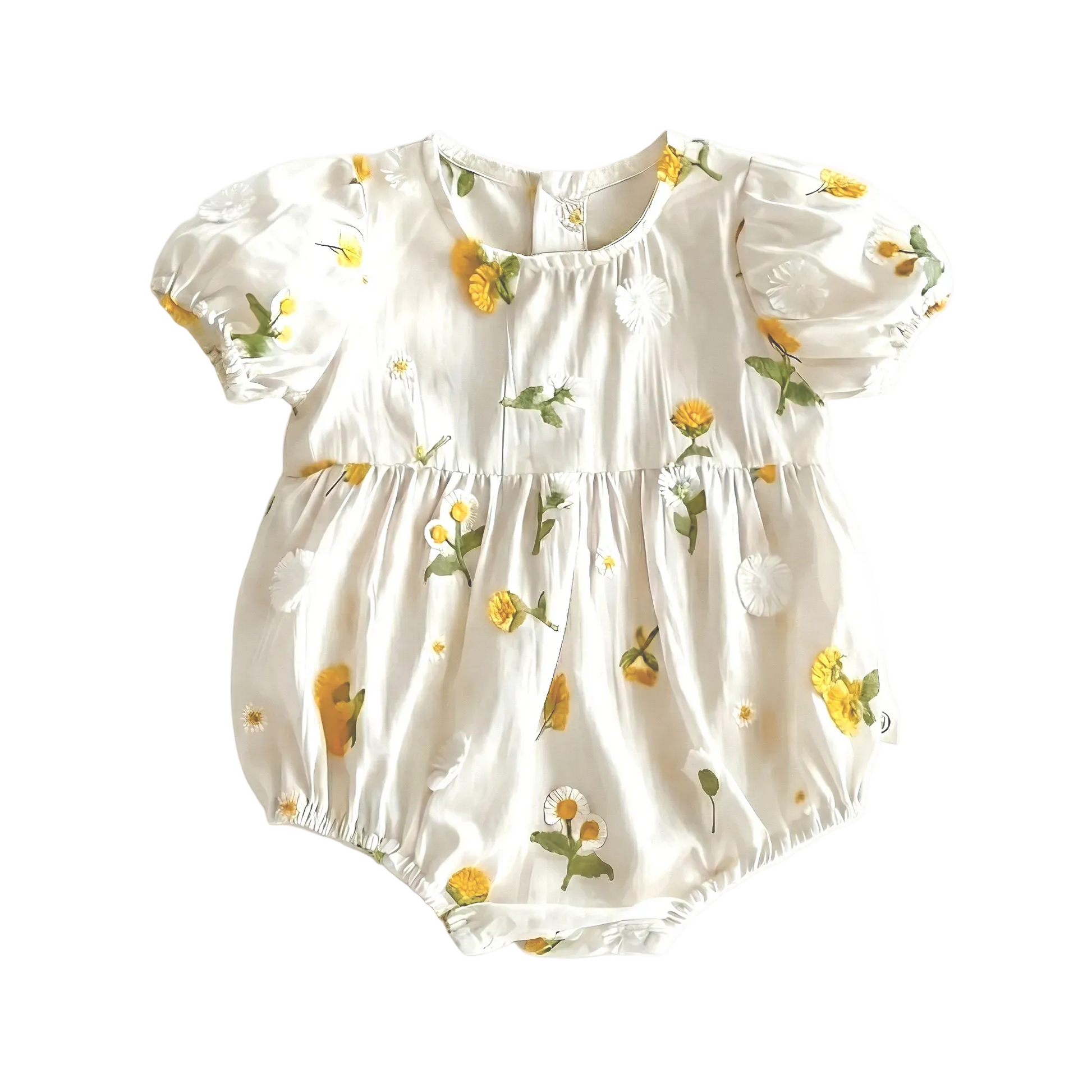 Flat lay photography of white cotton baby girl romper featuring 3D yellow floral embroidery and short puff sleeves on a white background.