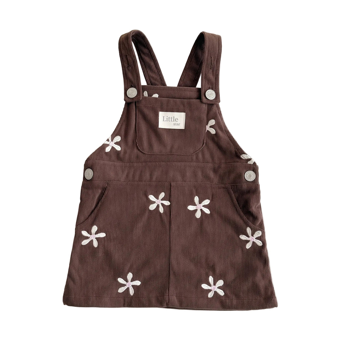 Front view of baby and toddler girls brown corduroy overall dress with white floral embroidery on a plain white background.