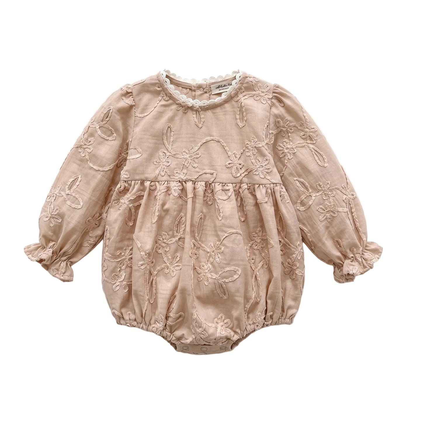 Beige baby girl long sleeve floral embroidered bubble romper displayed on a white background.