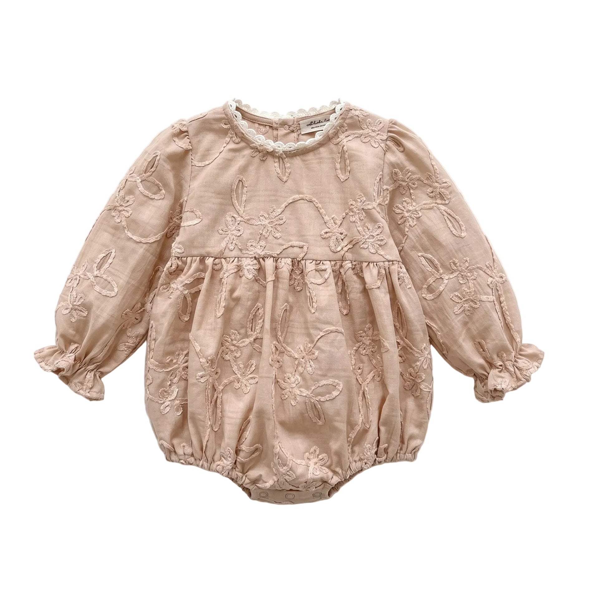 Beige baby girl long sleeve floral embroidered bubble romper displayed on a white background.
