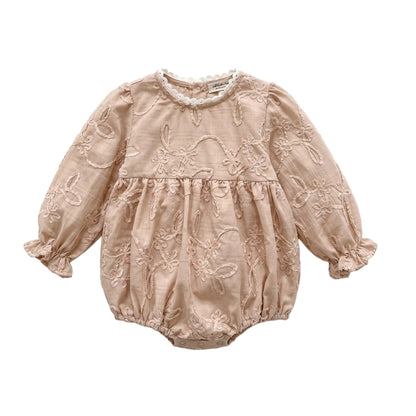Beige baby girl long sleeve floral embroidered bubble romper displayed on a white background.