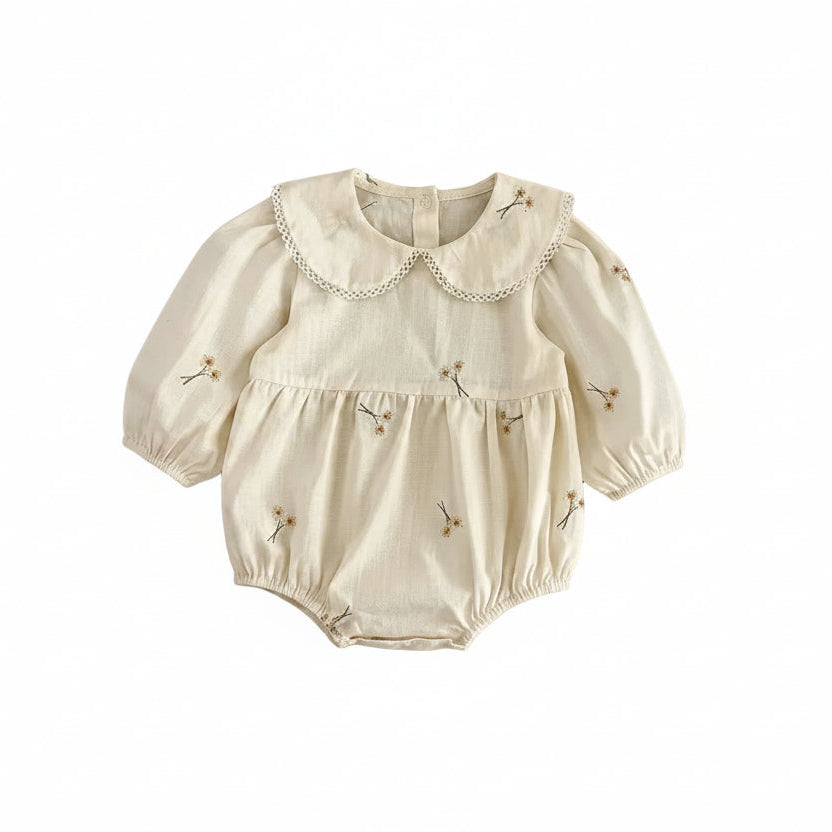 Cream baby girl long sleeve floral embroidery romper with Peter Pan collar on white background