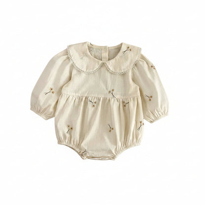 Cream baby girl long sleeve floral embroidery romper with Peter Pan collar on white background