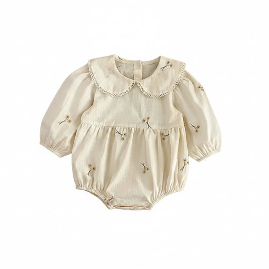 Cream baby girl long sleeve floral embroidery romper with Peter Pan collar on white background