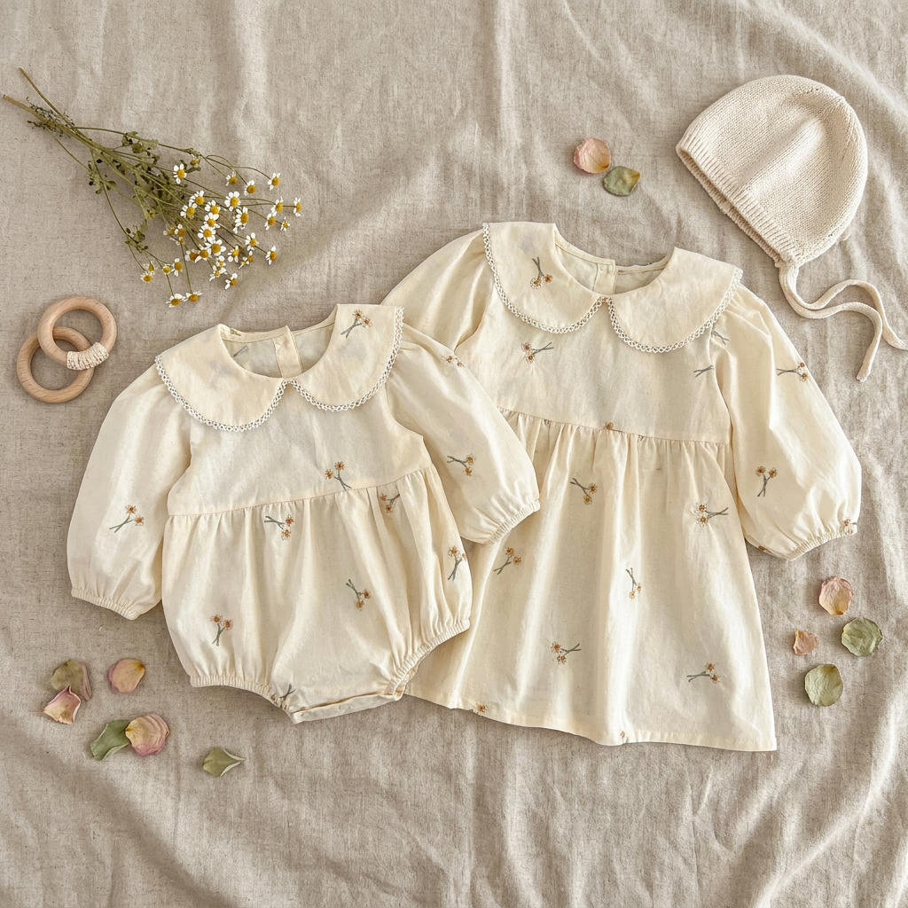 Flat lay of matching cream floral embroidered baby romper and toddler sister dress on linen fabric with baby bonnet
