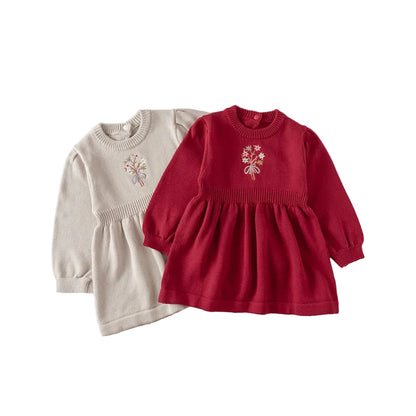 The baby girl floral embroidered knit sweater dress shown side-by-side in light gray and red.