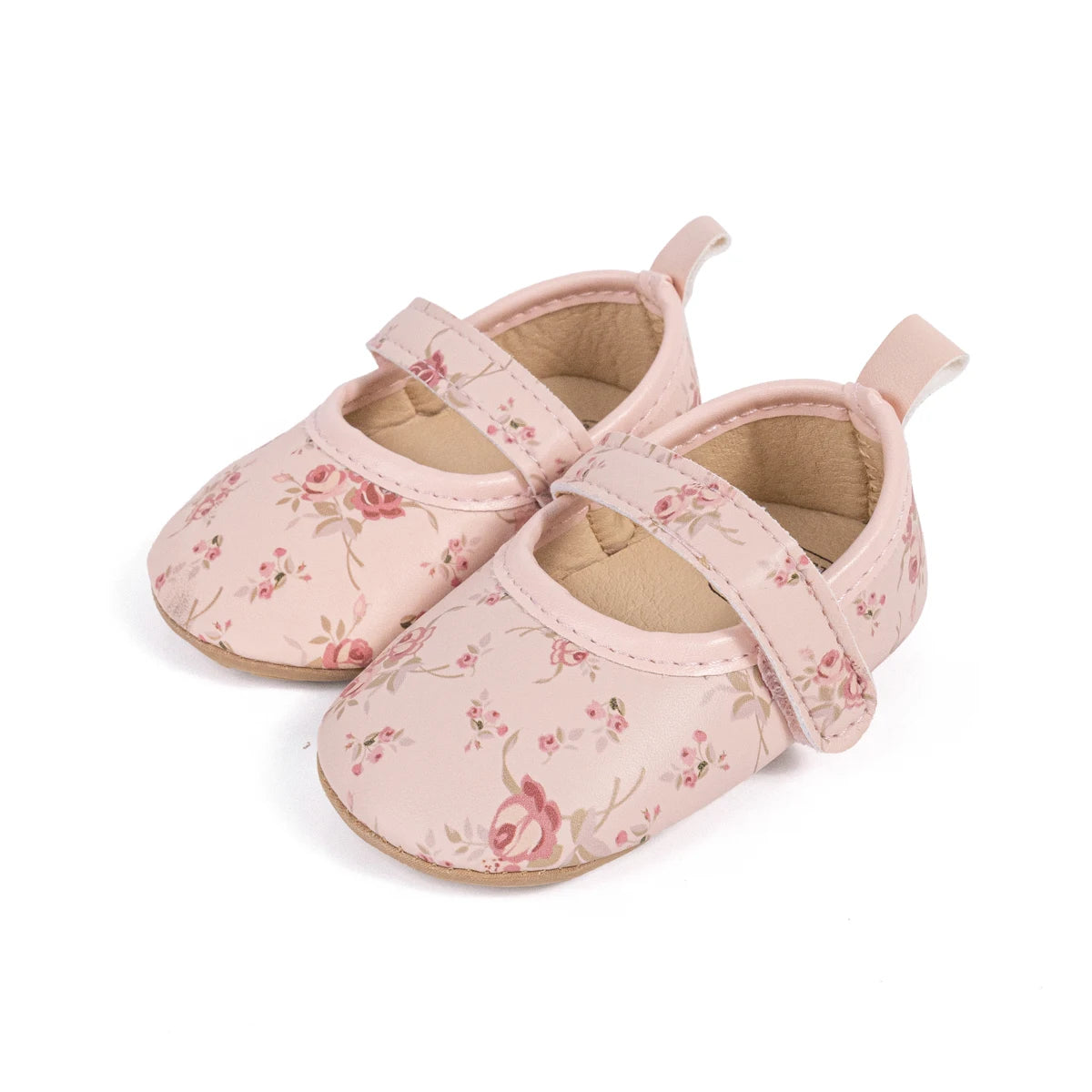 Pink baby girl Mary Jane shoes with a vintage cottagecore rose print and strap.