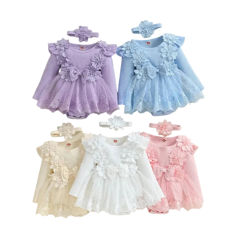 Collection of baby girl long sleeve floral tutu romper dresses in purple, blue, cream, white, and pink.
