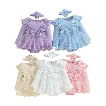 Collection of baby girl long sleeve floral tutu romper dresses in purple, blue, cream, white, and pink.
