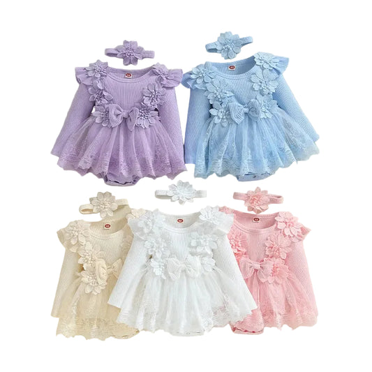 Collection of baby girl long sleeve floral tutu romper dresses in purple, blue, cream, white, and pink.