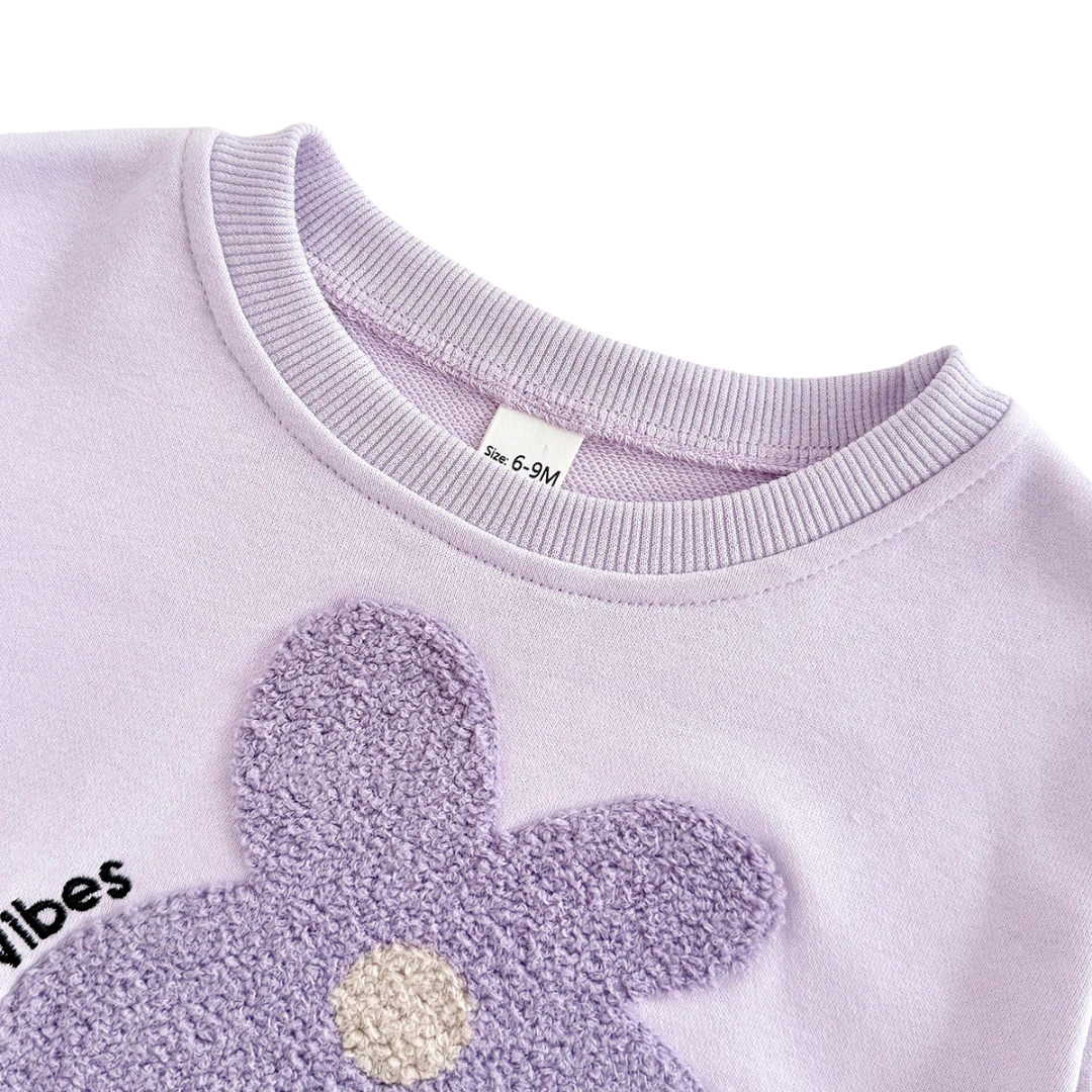 Close-up of lavender sweatshirt ribbed neckline and plush flower detail for baby girls
