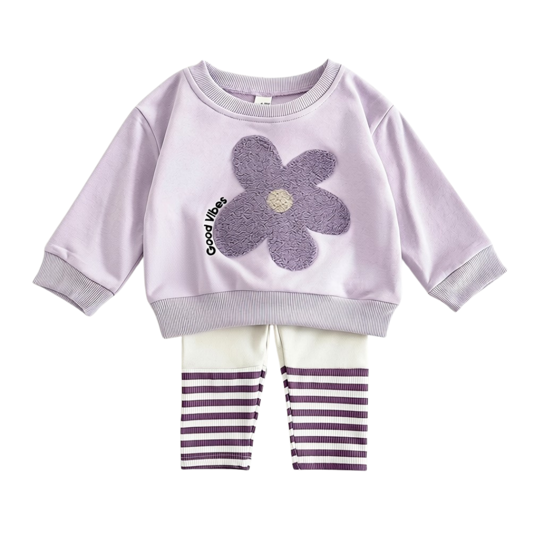 Baby girl lavender long-sleeve flower sweatshirt and striped pants outfit set layout