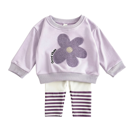 Baby girl lavender long-sleeve flower sweatshirt and striped pants outfit set layout
