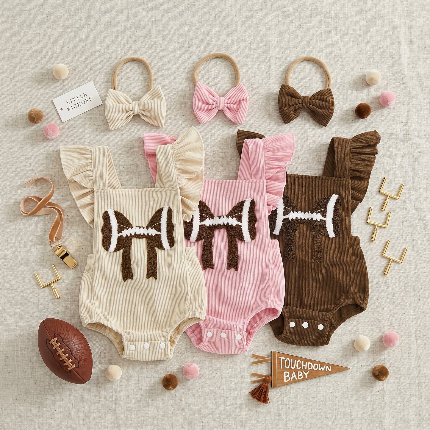 Group flat lay of baby girl football embroidered corduroy rompers in cream, pink, and brown with bow headbands