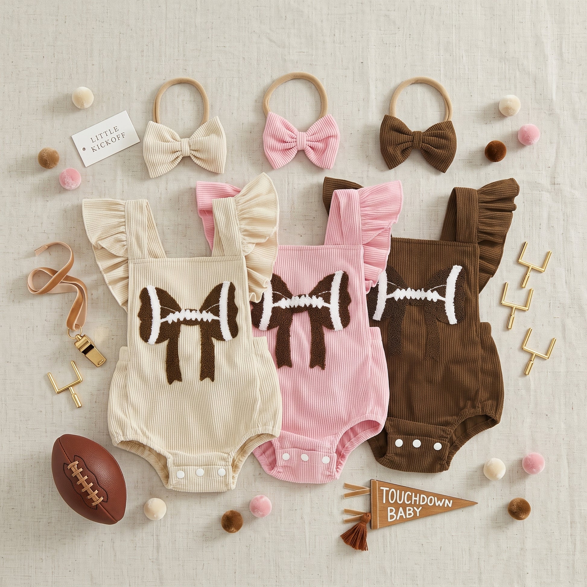 Group flat lay of baby girl football embroidered corduroy rompers in cream, pink, and brown with bow headbands