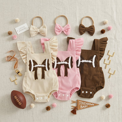 Group flat lay of baby girl football embroidered corduroy rompers in cream, pink, and brown with bow headbands