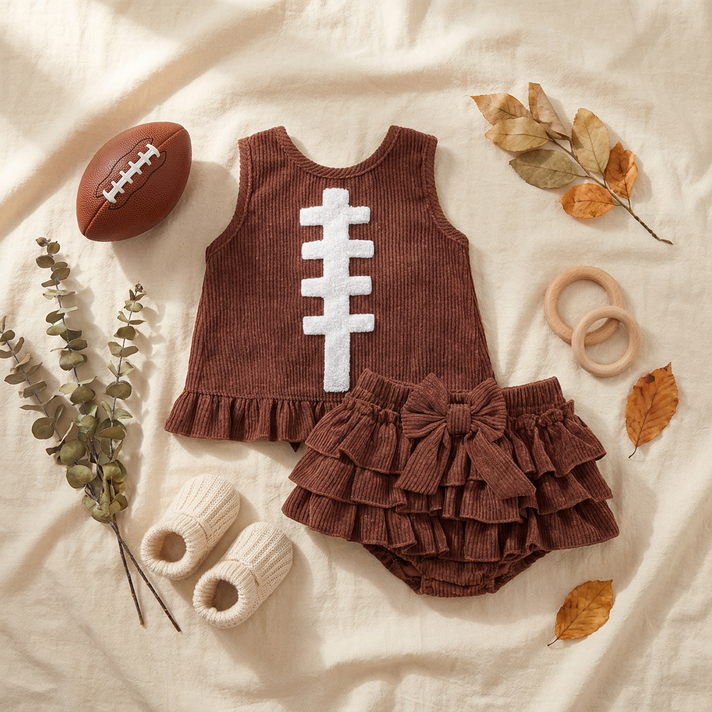 Flat lay of baby girl football corduroy tank top and ruffle bloomers with fall leaves decor