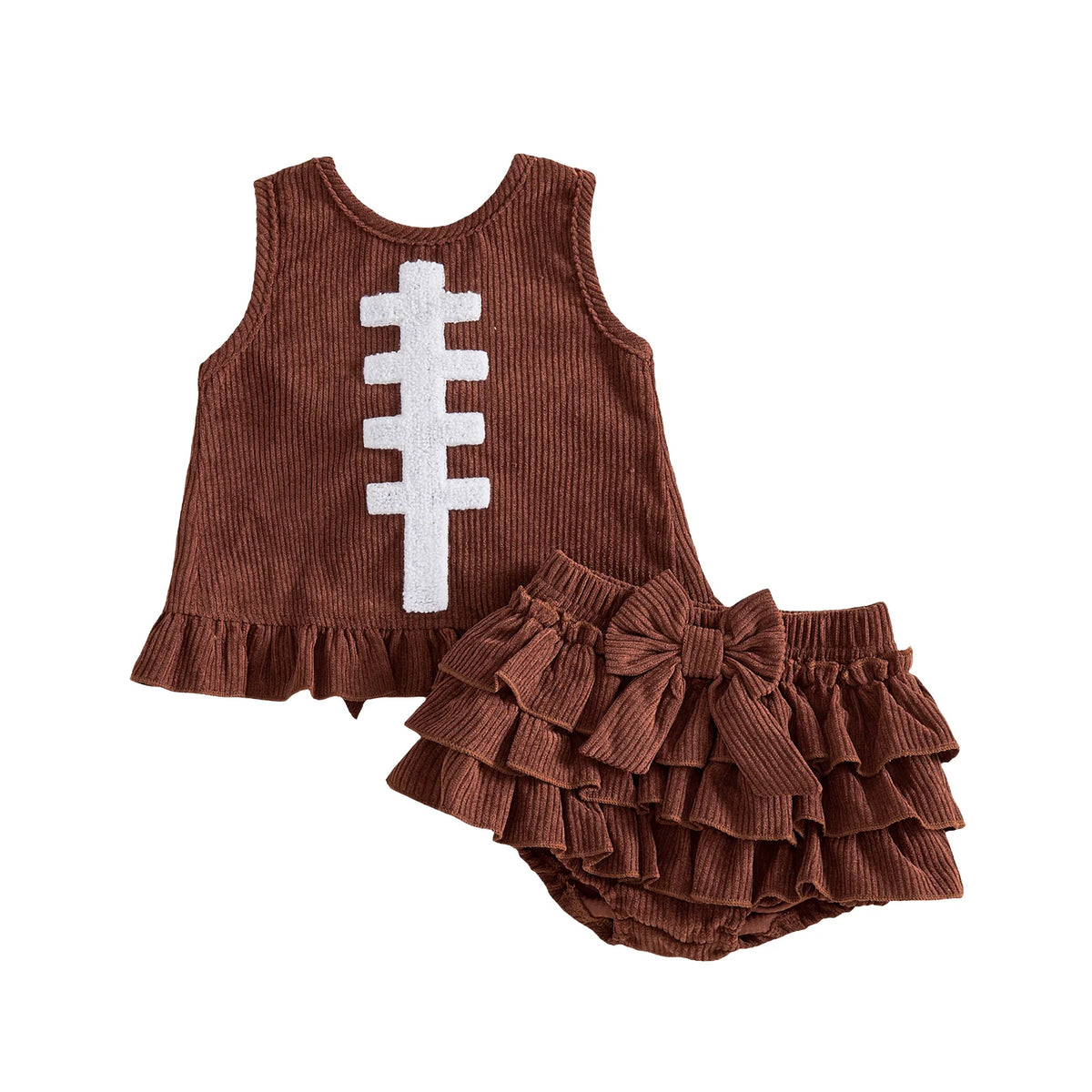 Brown baby girl corduroy tank top with plush football laces embroidery and matching tiered ruffle shorts