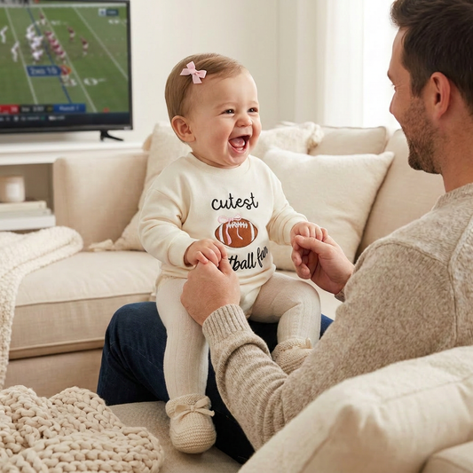 A happy baby girl wearing the "Cutest Football Fan" bubble romper sitting on the couch with her dad watching a game on TV.