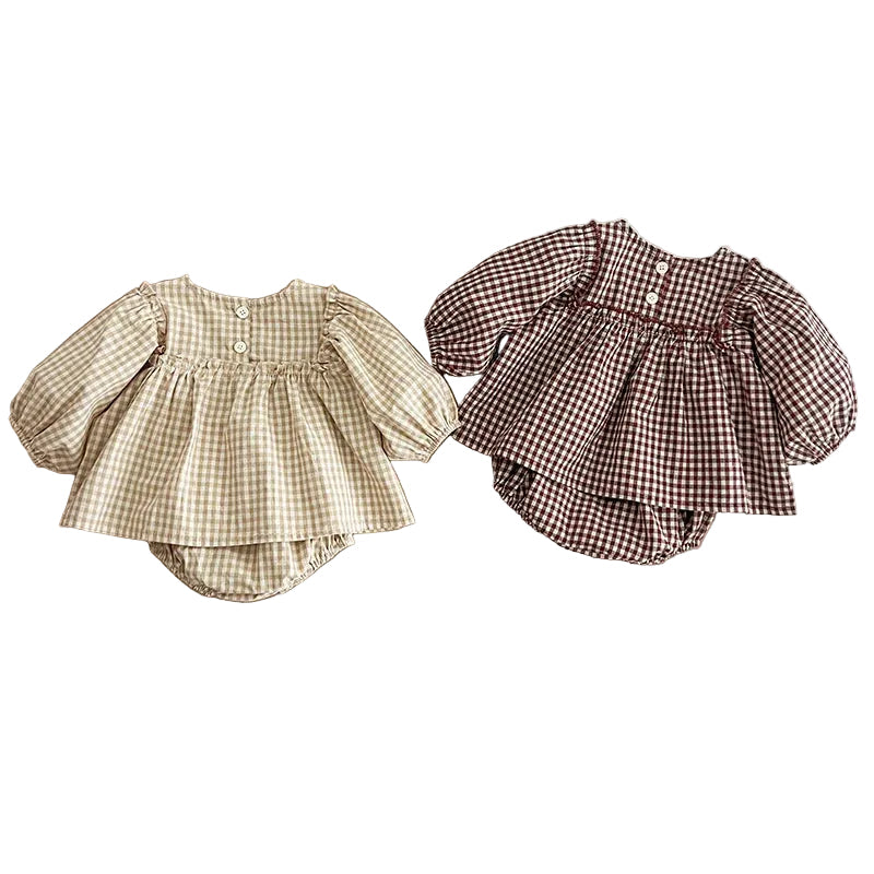 Back view showing button closure details on beige and brown baby girl long sleeve gingham peplum tops and bloomers.