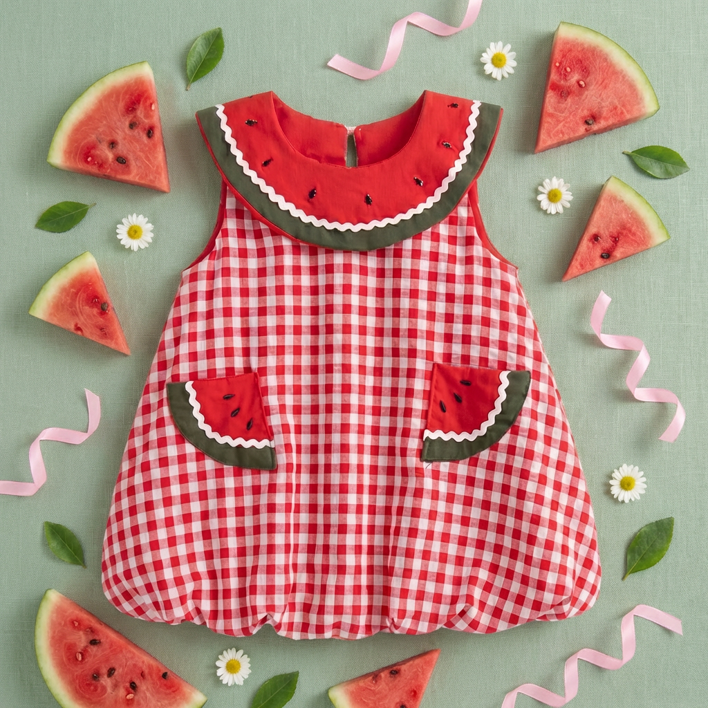 Red gingham dress with watermelon design surrounded by watermelon slices on a light green background