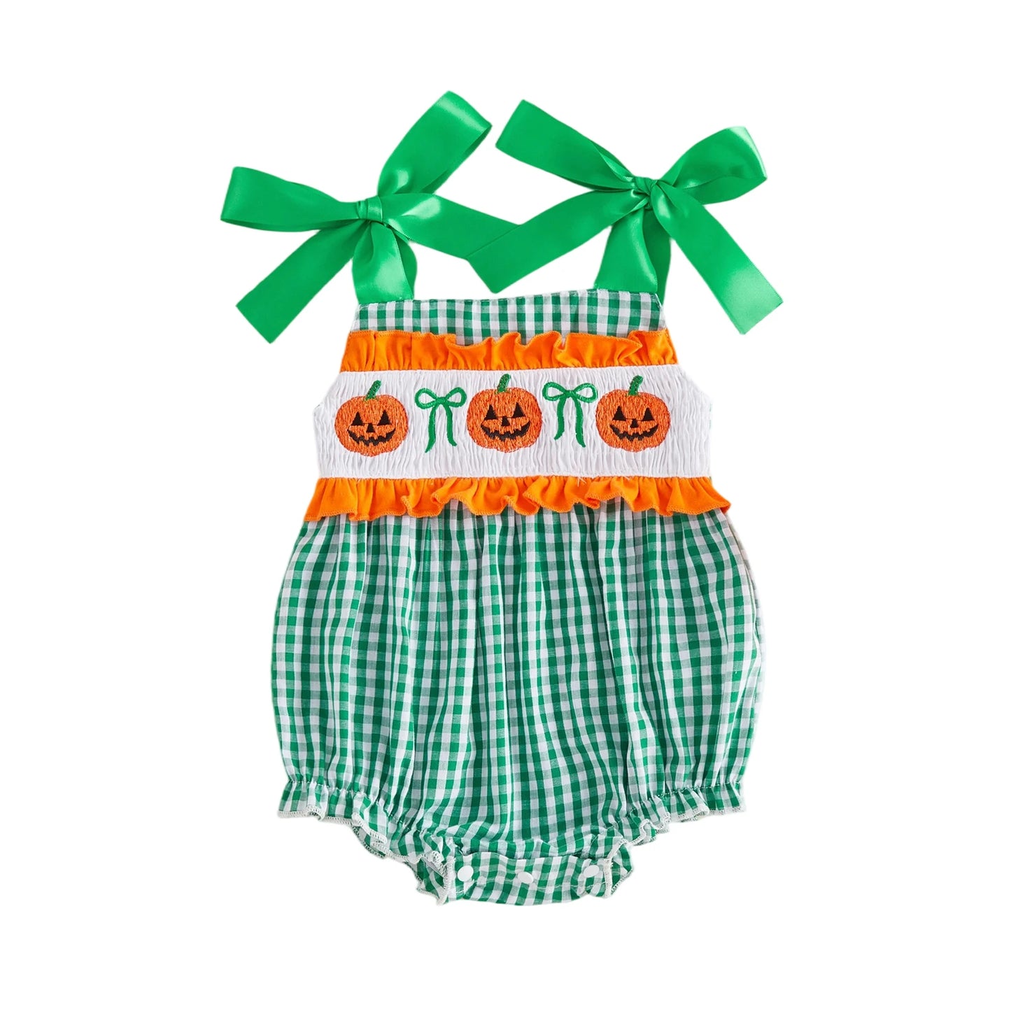 Baby girl green gingham smocked bubble romper featuring green shoulder ribbons and jack-o-lantern Halloween embroidery.