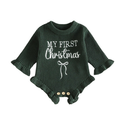 Dark green baby girl My First Christmas long sleeve knit sweater romper with white embroidery and bottom snap closures.