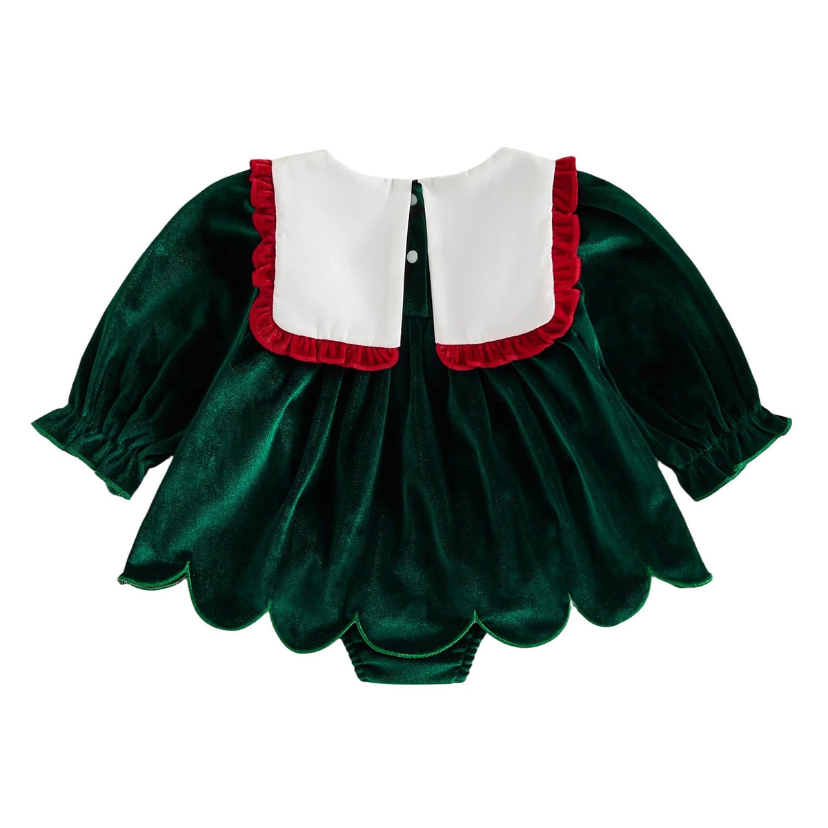 Back view of baby girl green velvet Christmas romper dress featuring white scalloped bib collar and back closure buttons