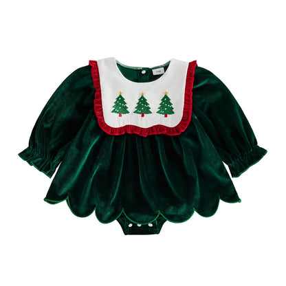 Baby girl green velvet Christmas tree embroidered romper dress with scalloped bib collar and bottom snaps