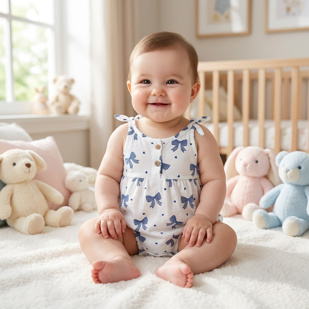 Adorable baby girl sitting on a nursery bed wearing a white and blue bow print cotton bubble romper.
