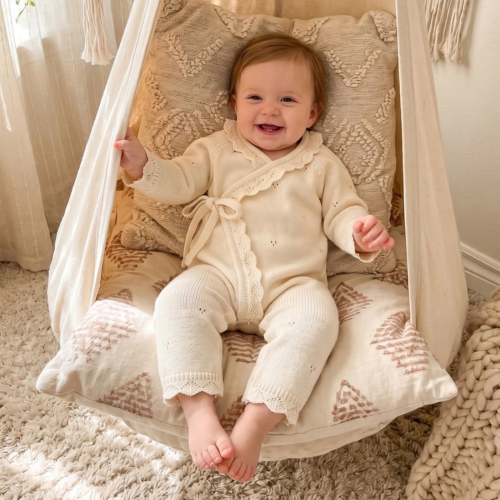 Smiling baby girl sitting in a indoor macrame swing wearing the ivory pointelle knit kimono romper.