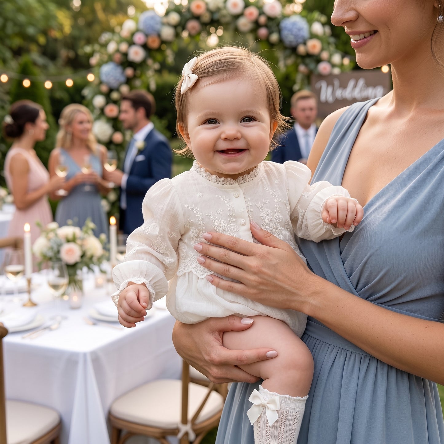 Baby girl wearing an ivory lace embroidery bubble romper held by mom at an outdoor wedding event.