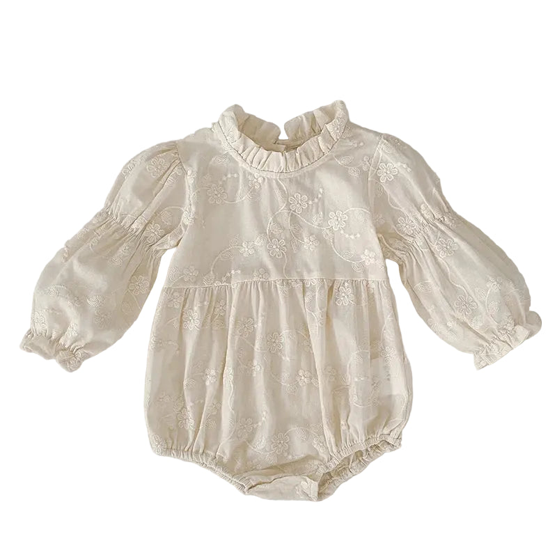 Front view of baby girl ivory floral embroidered cottagecore bubble romper with long bishop sleeves.