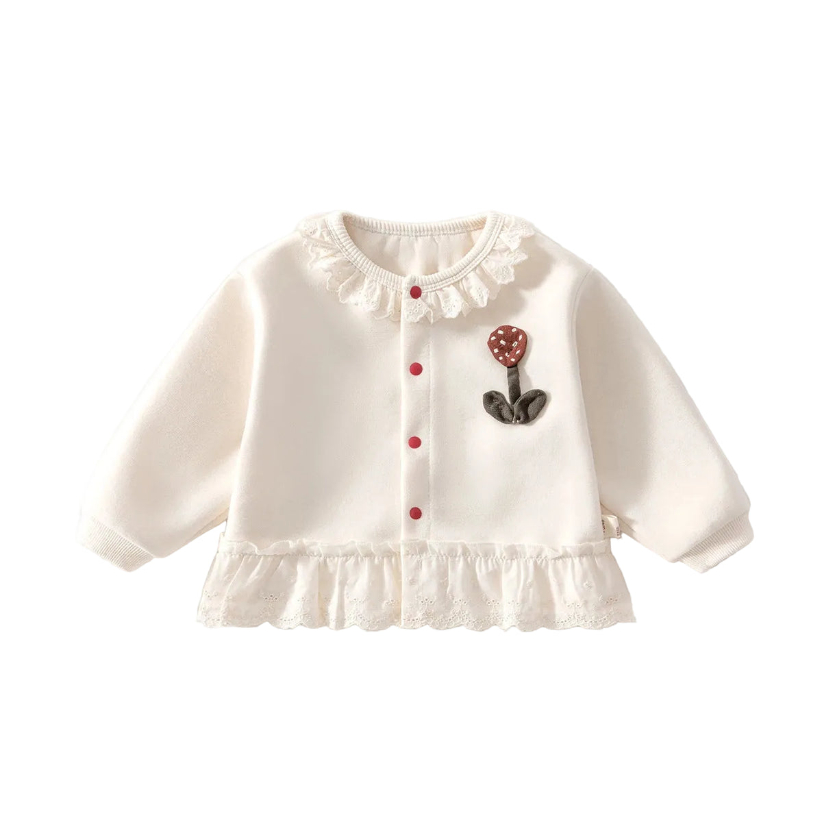 Ivory white baby and toddler girl knit cardigan sweater featuring a 3D floral applique and delicate lace trim collar and hem.