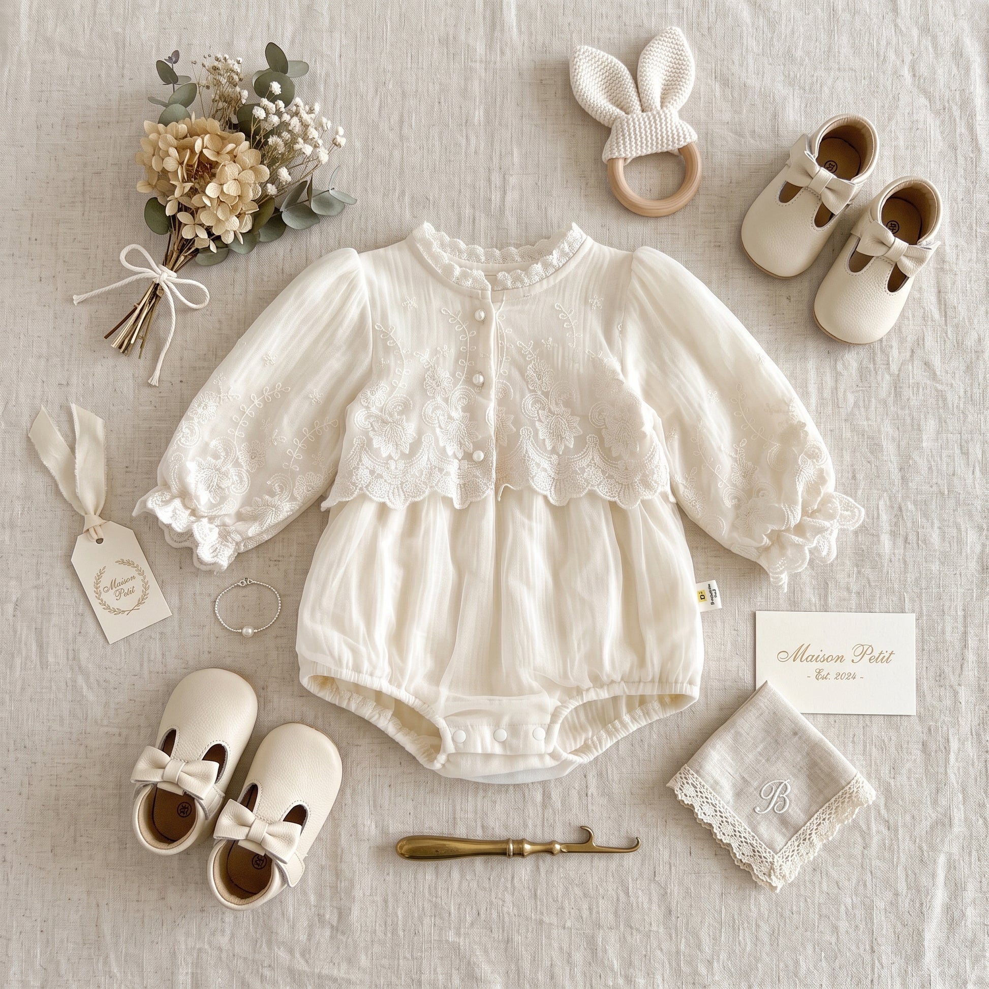 Flat lay of ivory vintage-inspired baby girl lace romper styled with baby shoes, wooden teether, and floral accents.
